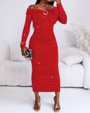 Off Shoulder Long Sleeve Chic Mental Buckle Ruched Mid-Calf Dress