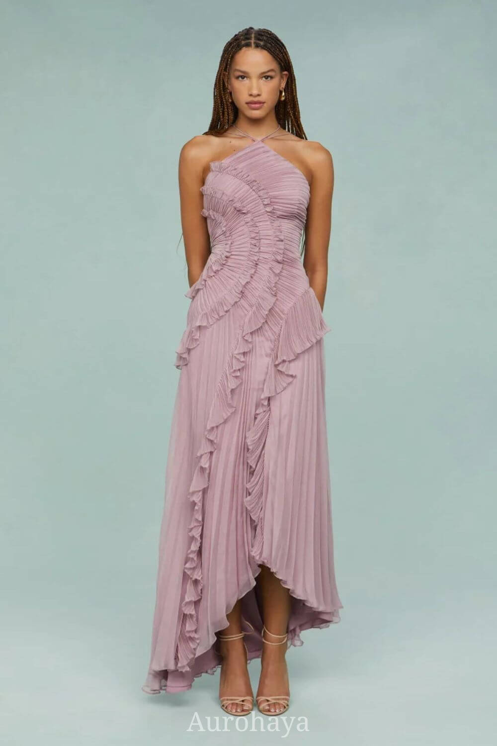 Aurohaya Véronique Ruffle Halter-Neck Pleated Maxi Dress Pink
