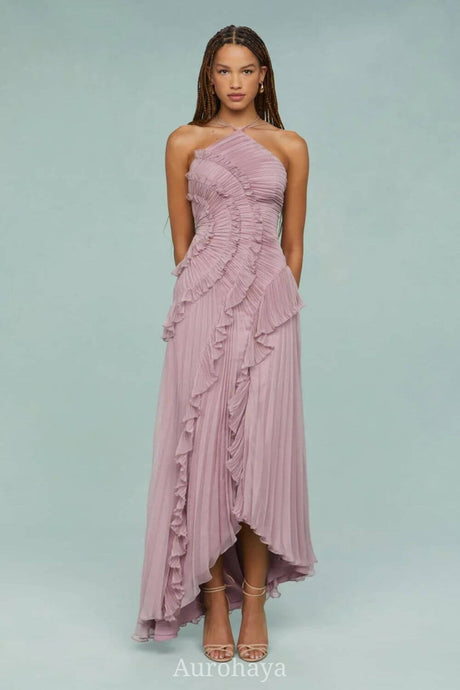 Aurohaya Véronique Ruffle Halter-Neck Pleated Maxi Dress Pink
