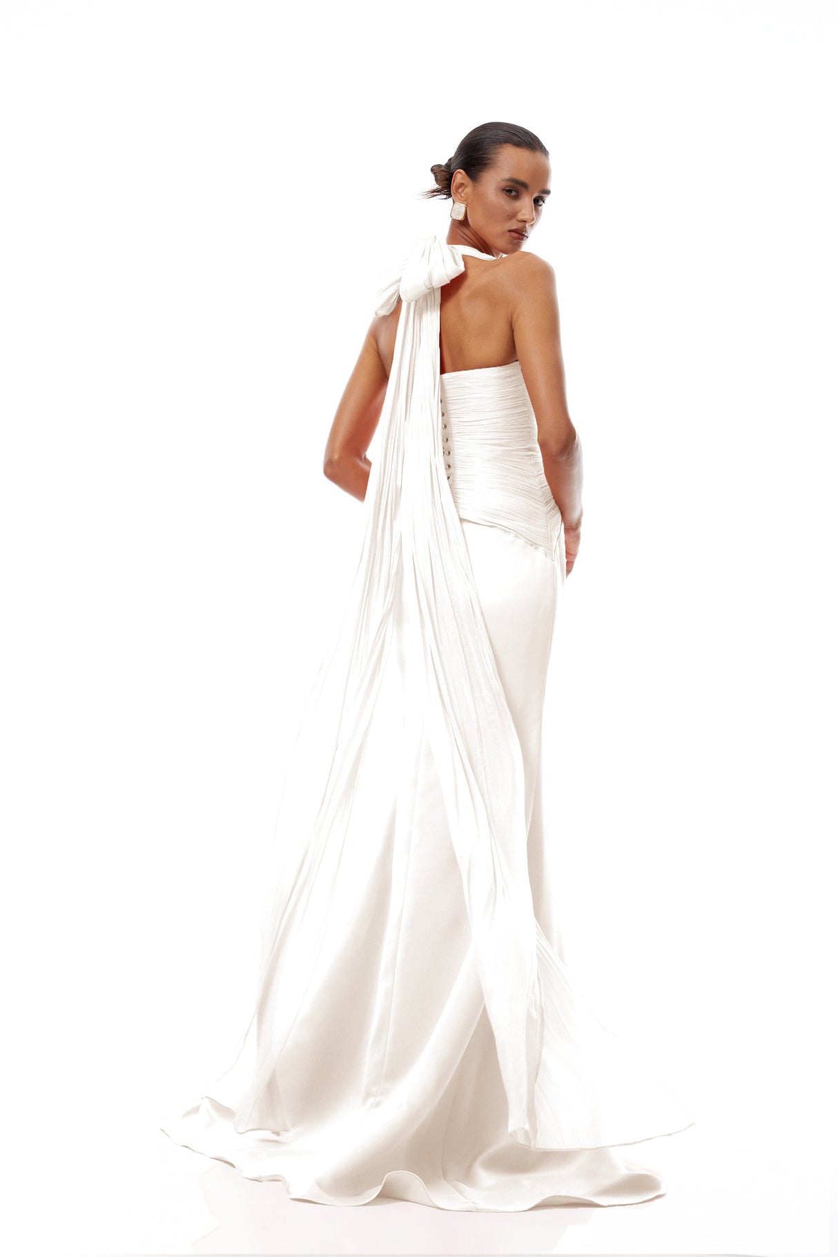 Aurohaya Emmeline White Train Design Gathered Maxi Dress