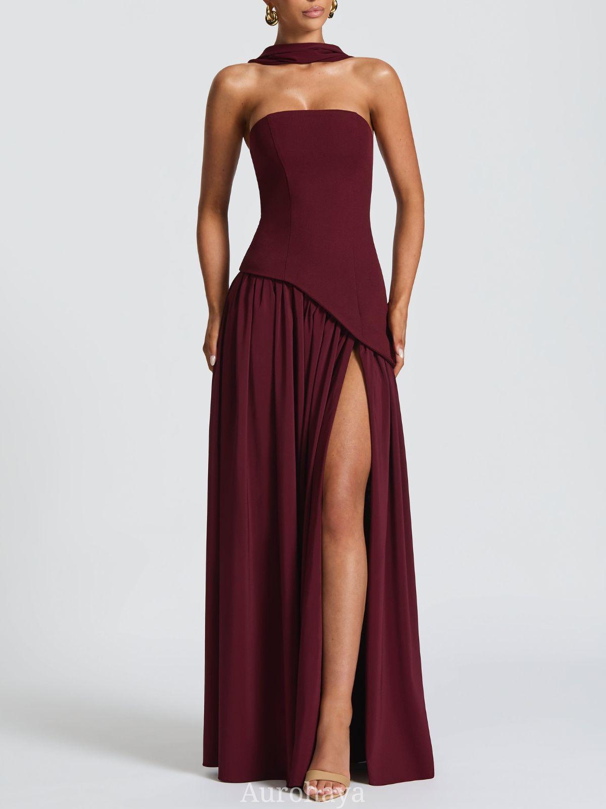 Aurohaya Solène Asymmetrical Maxi Gown Wine red