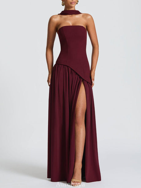 Aurohaya Solène Asymmetrical Maxi Gown Wine red