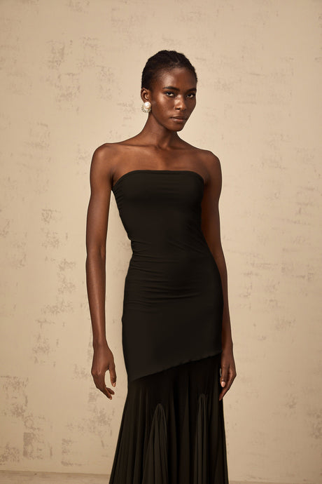 Aurohaya Josiane Black Off-shoulder Sheer Tulle Maxi Dress