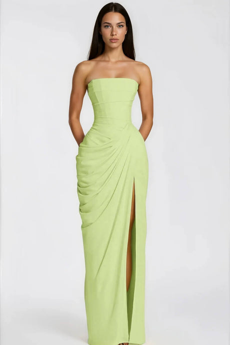 Aurohaya Azalée Strapless Draped High-Slit Maxi Dress Green