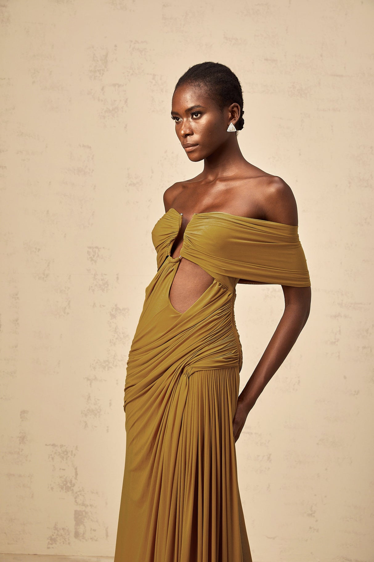 Aurohaya Ludivine ocher off-shoulder cut-out ruched maxi dress
