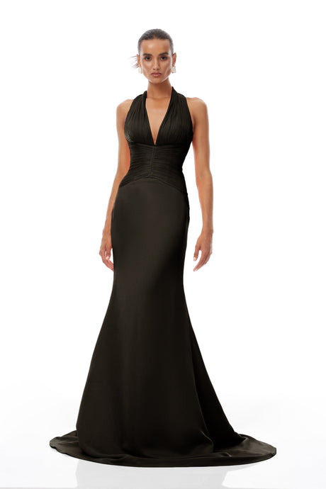 Aurohaya Emmeline Black Train Design Gathered Maxi Dress