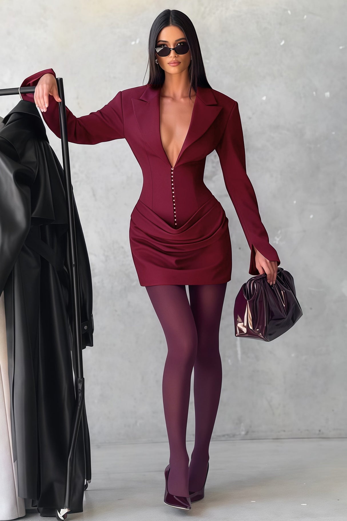 Aurohaya Rosette Burgundy Ruched Blazer Mini Dress
