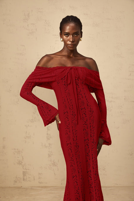 Aurohaya Émeline floral lace train-design maxi dress in Red
