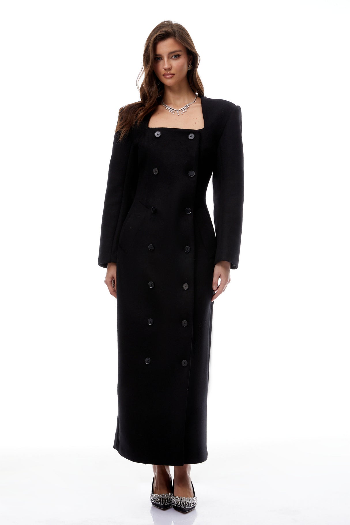 Aurohaya Oline Black Double-Breasted Maxi Blazer Dress