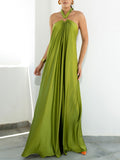 Aurohaya Summer Temperament Satin Halter Swing Gown Dresses Light Green