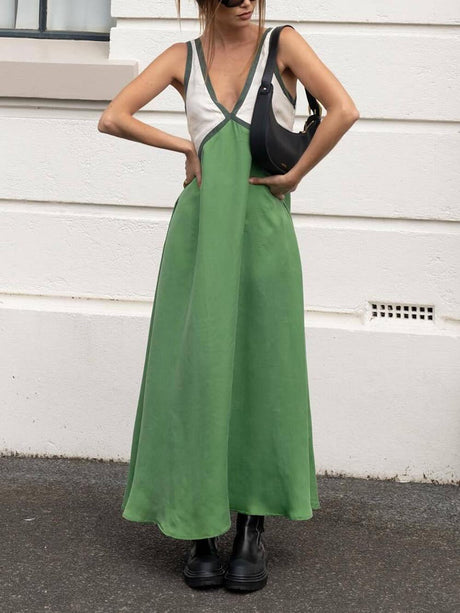 Aurohaya Splicing Chic V-neck Contrasting Color Dress