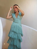Elegant V-neck Pleated Fringe Maxi Dress