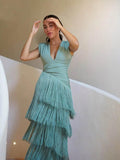 Aurohaya Elegant V-neck Pleated Fringe Maxi Dress