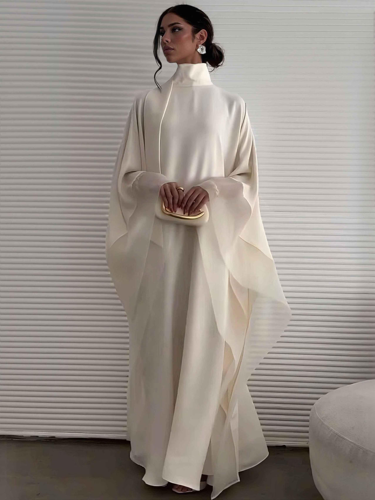 Aurohaya Elegant High-Neck Flowing Cape Maxi Dress Cream