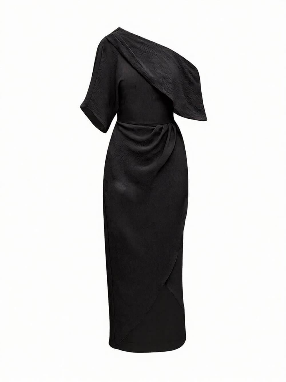 Aurohaya Exquisite Satin Irregular Lapel Neckline Design Ruched Maxi Dress