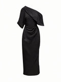 Exquisite Satin Irregular Lapel Neckline Design Ruched Maxi Dress