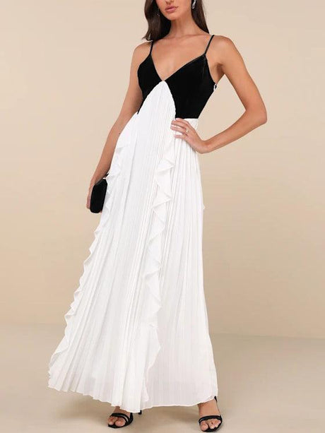 Aurohaya Elegant V-neck Black And White Pleated Maxi Dress