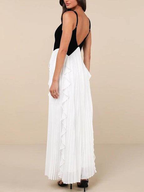 Aurohaya Elegant V-neck Black And White Pleated Maxi Dress