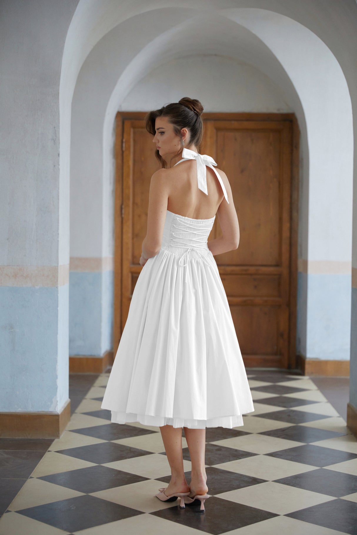 Aurohaya Eponine White Layered Flared Hem Midi Dress