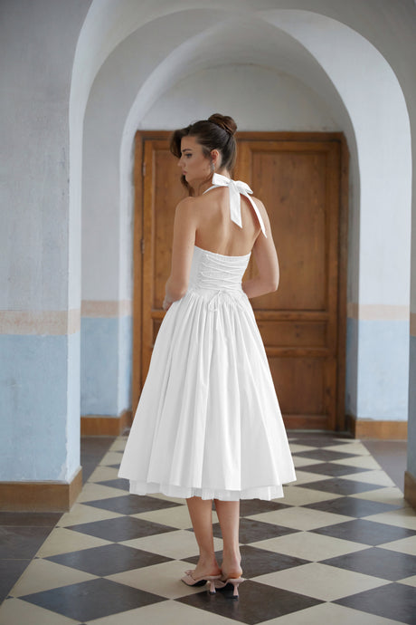 Aurohaya Eponine White Layered Flared Hem Midi Dress
