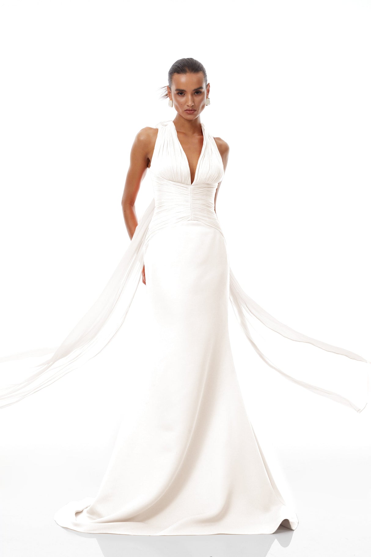 Aurohaya Emmeline White Train Design Gathered Maxi Dress
