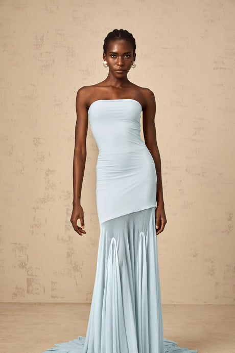 Aurohaya Josiane Blue Off-shoulder Sheer Tulle Maxi Dress
