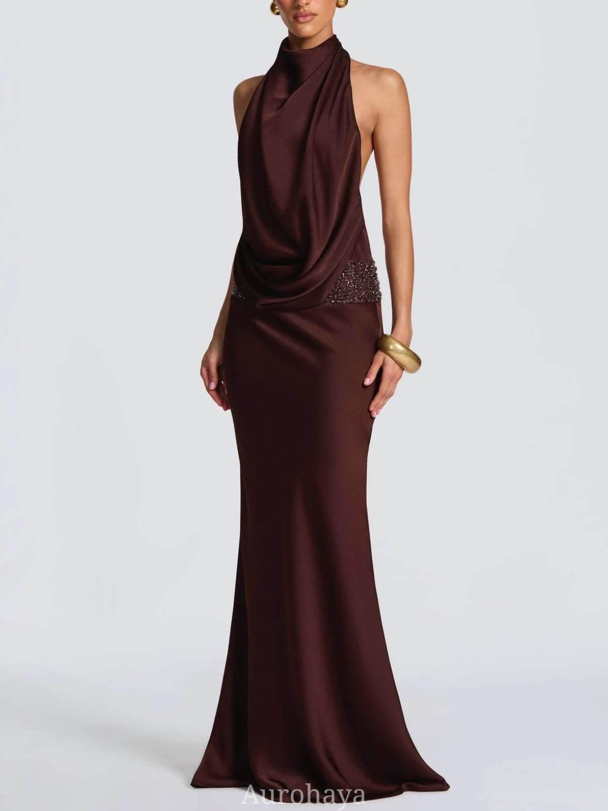 Aurohaya Camille Backless Sequin Satin Maxi Dress Brown