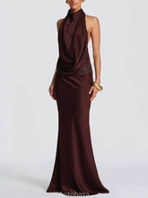 Aurohaya Camille Backless Sequin Satin Maxi Dress Brown