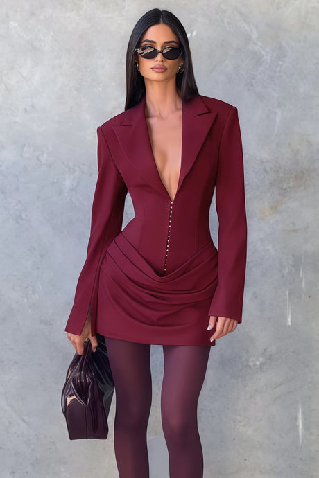 Aurohaya Rosette Burgundy Ruched Blazer Mini Dress