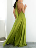 Aurohaya Summer Temperament Satin Halter Swing Gown Dresses