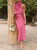 Aurohaya Unique Bridesmaid Sleeveless High Neck Midi Dresses Rose