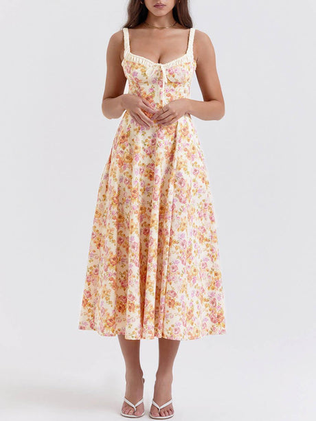 Aurohaya Suspender Patchwork Printed Lace-Up Midi Dress