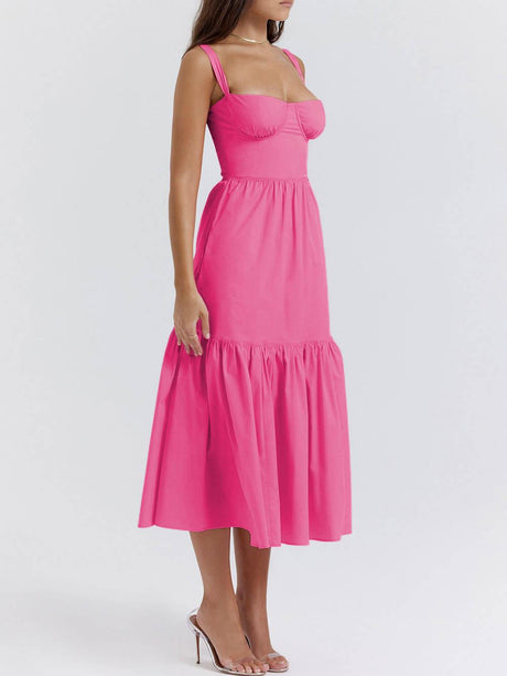 Aurohaya Strap Solid Color A-Hem Midi Dress