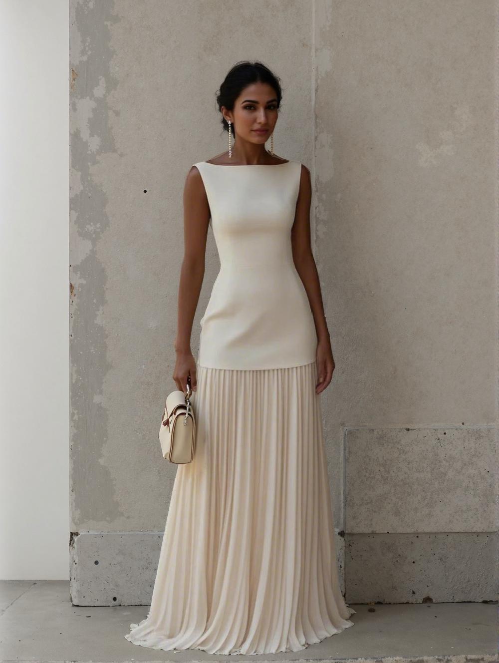 Aurohaya Elegant Pleated Classic Boat Neck Pleated Maxi Dress Apricot