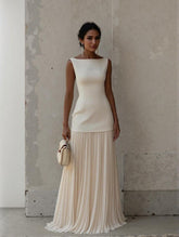 Elegant Pleated Classic Boat Neck Pleated Maxi Dress