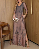 Ombre & Plants Print V-Neck Three Quarters Sleeve Side Slit Vacation Dress