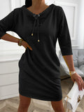 Stand Collar Drawstring Three Quarters Sleeve Casual Sweatshirt Dress