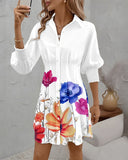 Floral Print Turn-down Collar Long Sleeve Casual Pressed Pleats Shirt Dress