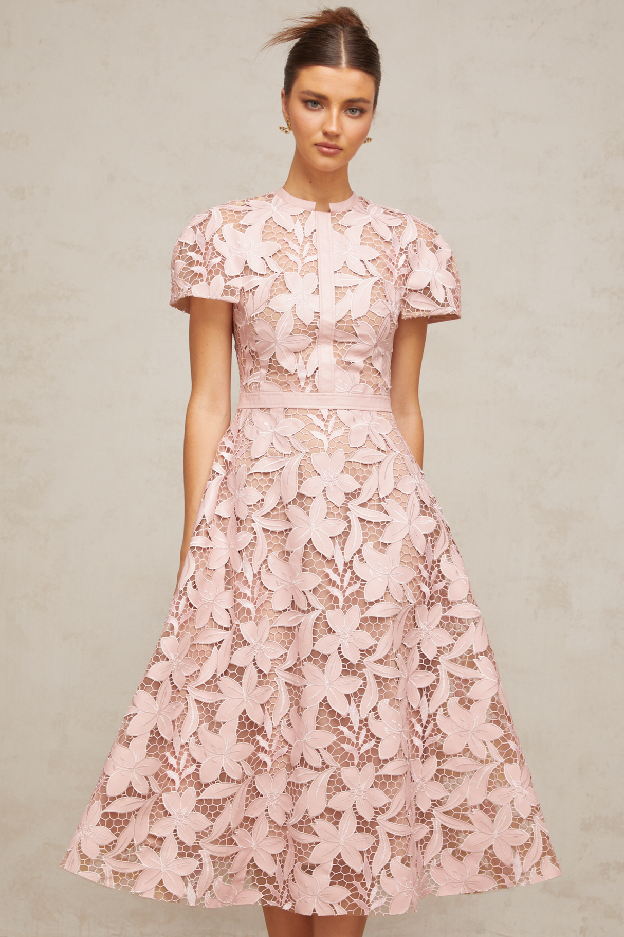 Aurohaya Vérane pink guipure-lace midi dress