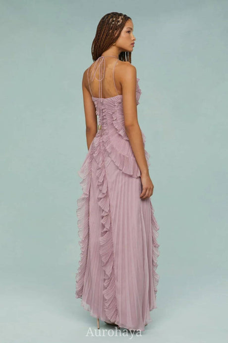 Aurohaya Véronique Ruffle Halter-Neck Pleated Maxi Dress