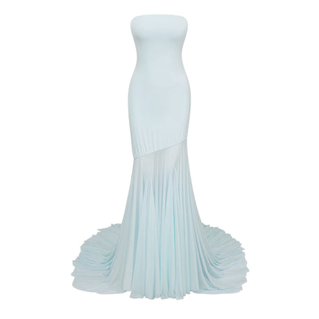 Aurohaya Josiane Blue Off-shoulder Sheer Tulle Maxi Dress