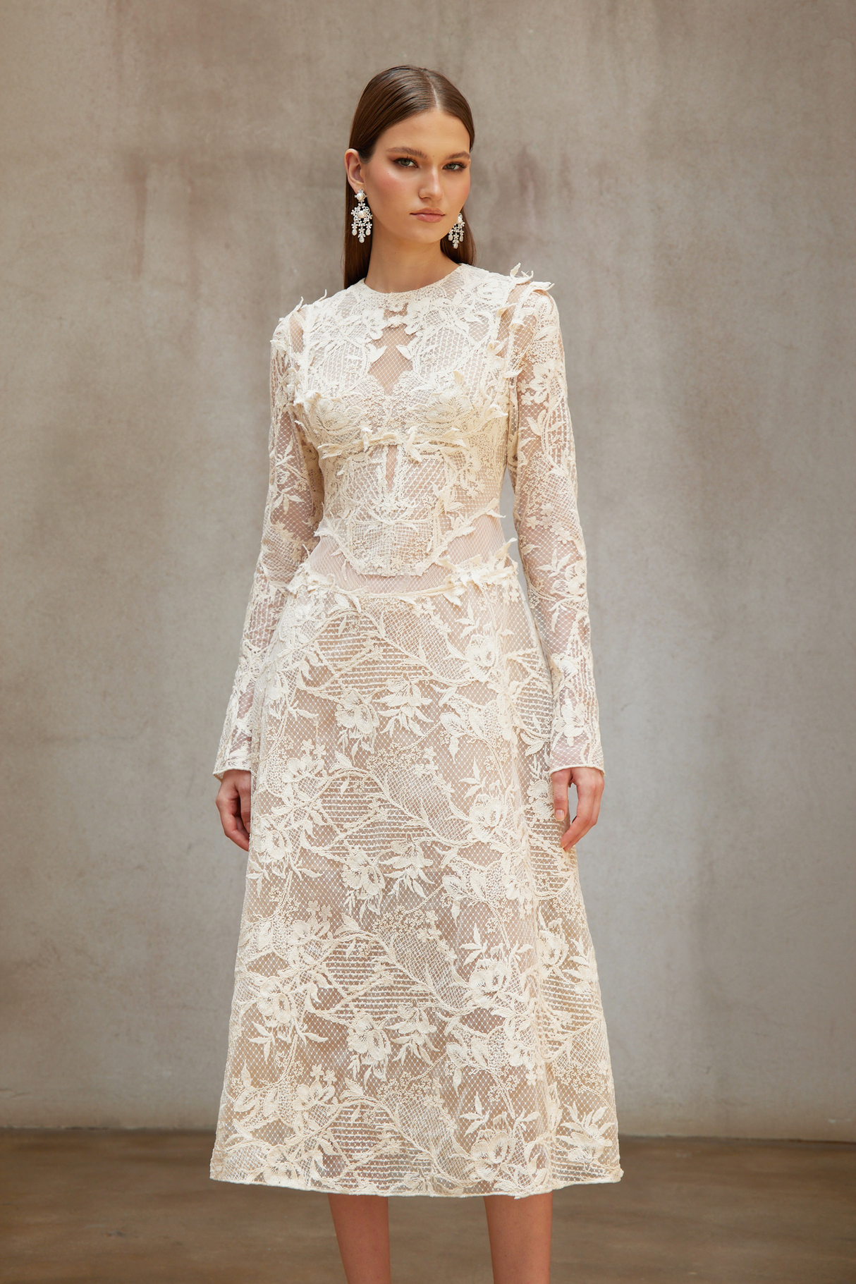 Aurohaya Amber White Long Sleeve Floral Lace Midi Dress