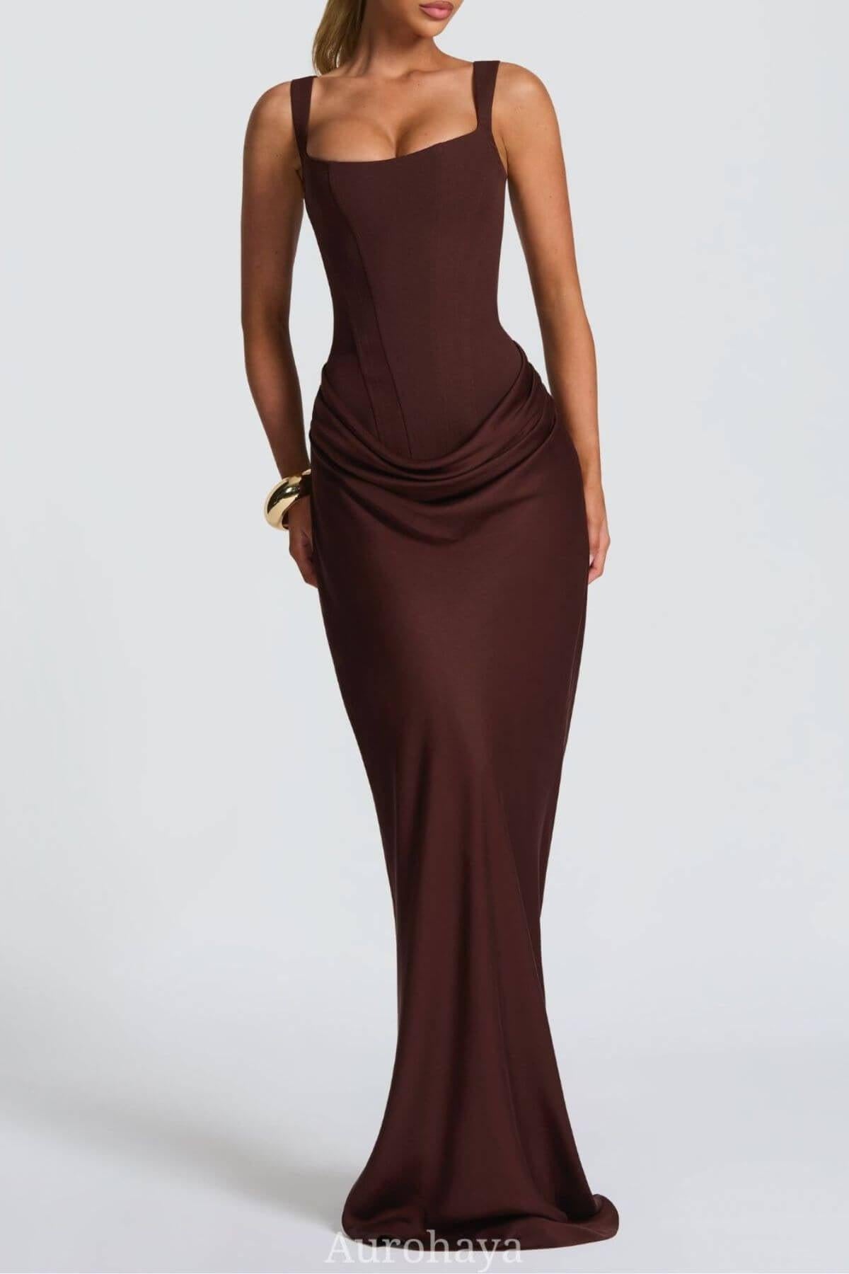 Hortense Square Neck Corset Maxi Dress / Brown