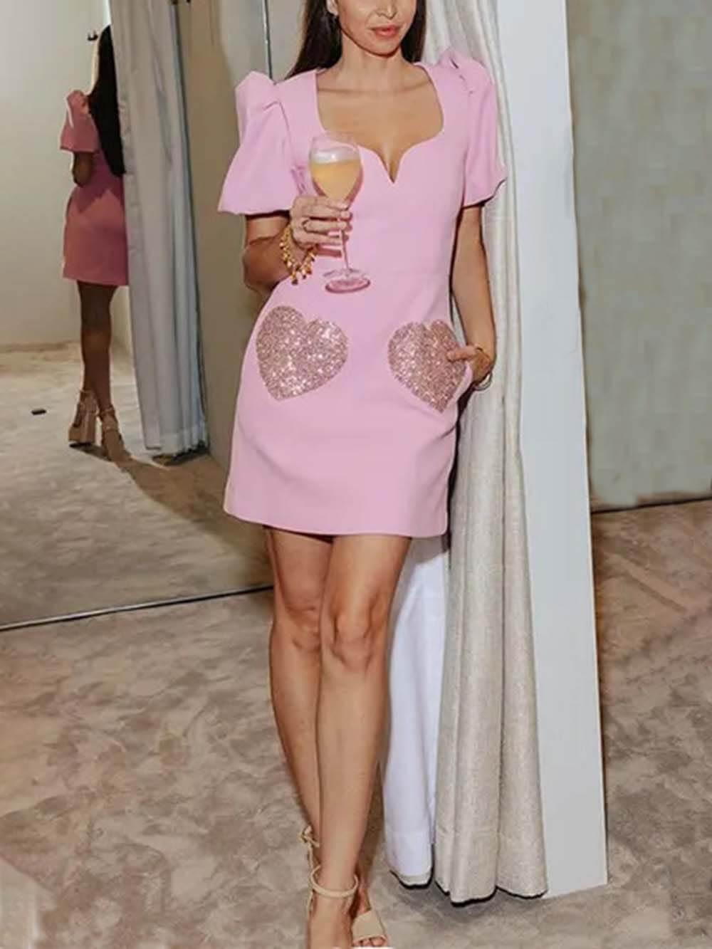 Aurohaya Elegant and Sweet Puff Sleeve Sequin Evening Gown Dress