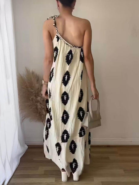 Aurohaya Sunshine Ethnic Print One Shoulder Loose Maxi Dress