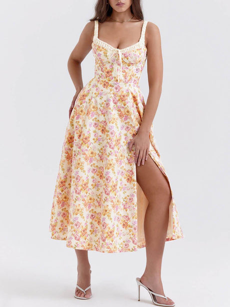 Aurohaya Suspender Patchwork Printed Lace-Up Midi Dress