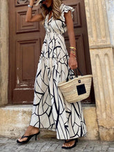 Aurohaya Geometric Print V-Neck Ruffled Hem Maxi Dress White