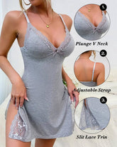 Lace Trim Adjustable Straps Side Slit Bowknot Decor Modal Cami Sleep Dress