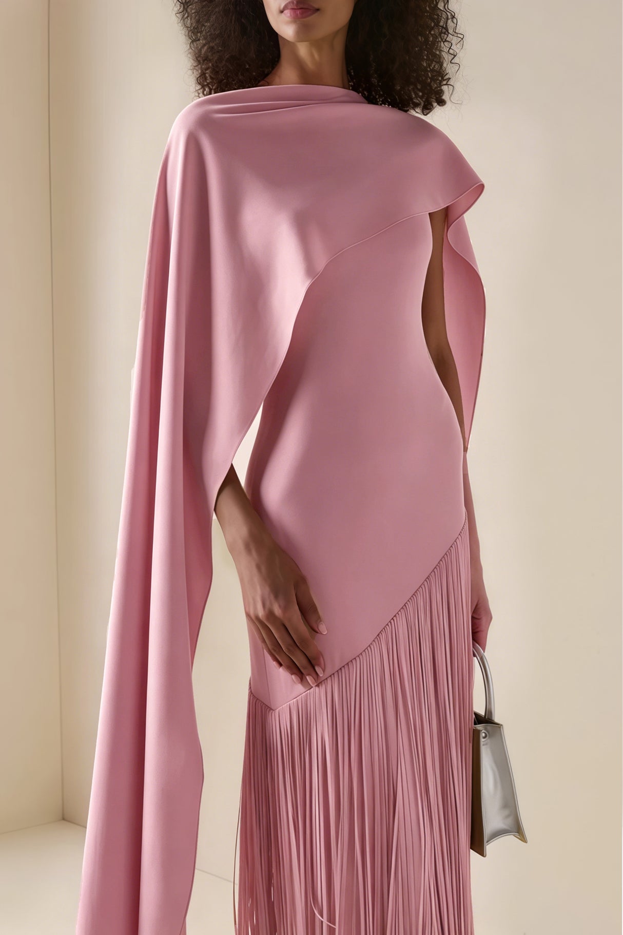 Aurohaya Cayetana Pink Fringe Maxi Dress with Cape Effect