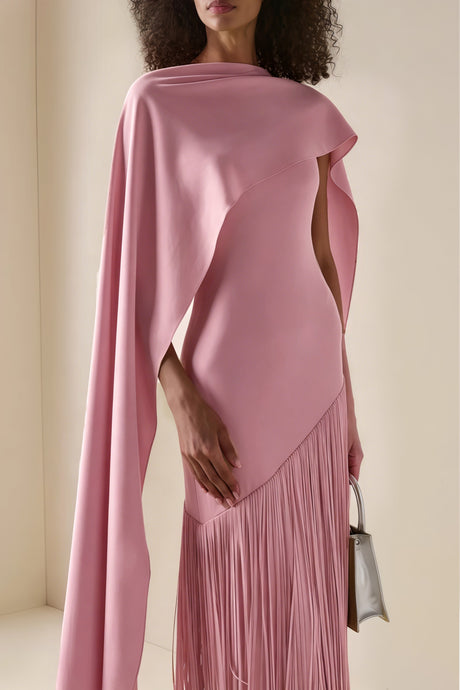 Aurohaya Cayetana Pink Fringe Maxi Dress with Cape Effect
